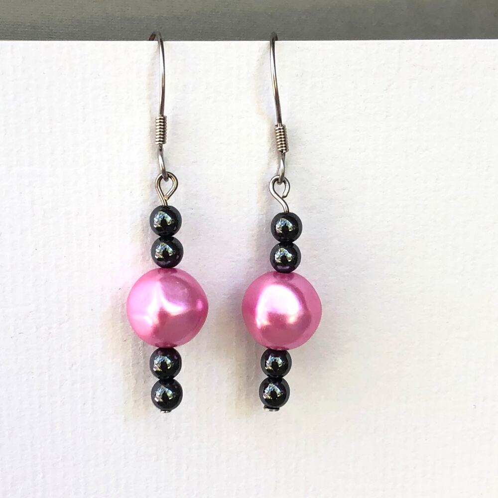 Pink and Gray Dangle Statement Earrings Hook Upcycled Faux Pearls Handmade Gift